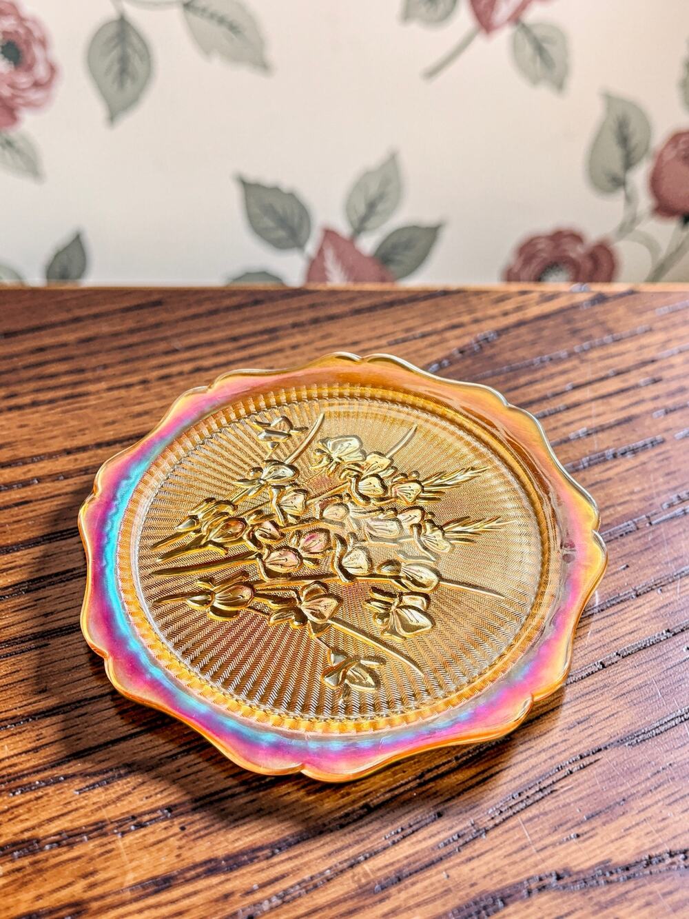 Vintage Jeannette Glass Iris & Herringbone Marigold Carnival Glass Platter